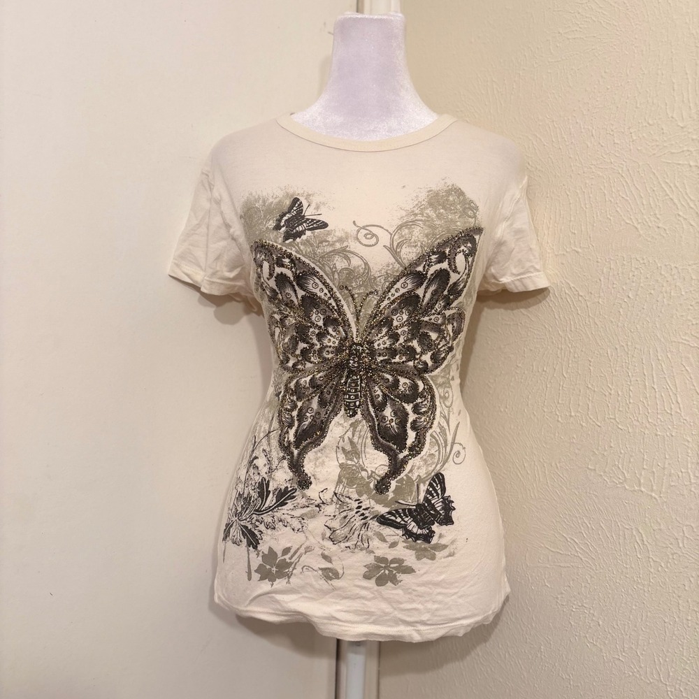 Retro Cream Black Butterfly Watercolor Glitter Graphic Tee Y2K Fairycore XL